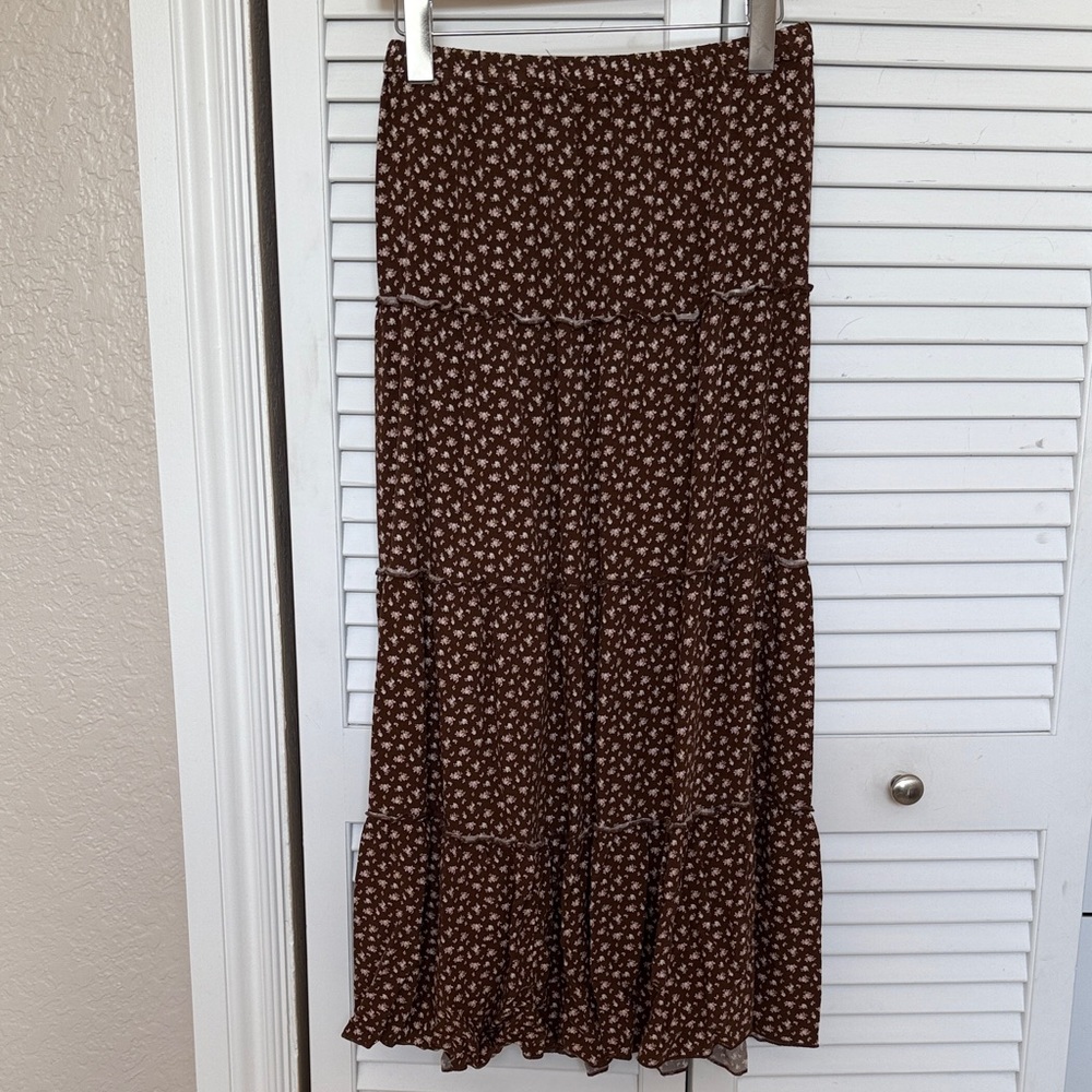 Brown Floral Tiered Maxi Skirt